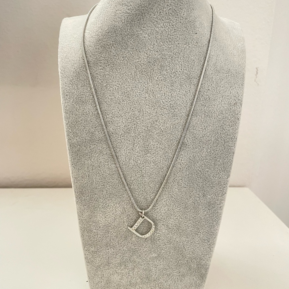 Vintage Christian Dior by John‎ Galliano Silver Crystal D Logo Necklace